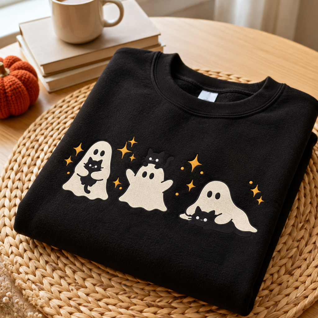 Ghost Cat Embroidered Sweatshirt, Cute Halloween Black Cat Crewneck, Spooky Ghost Sweater, Cat Lover Gift