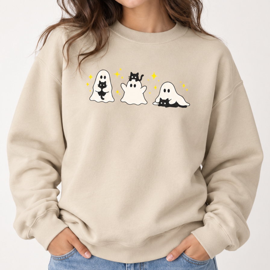 Ghost Cat Embroidered Sweatshirt, Cute Halloween Black Cat Crewneck, Spooky Ghost Sweater, Cat Lover Gift